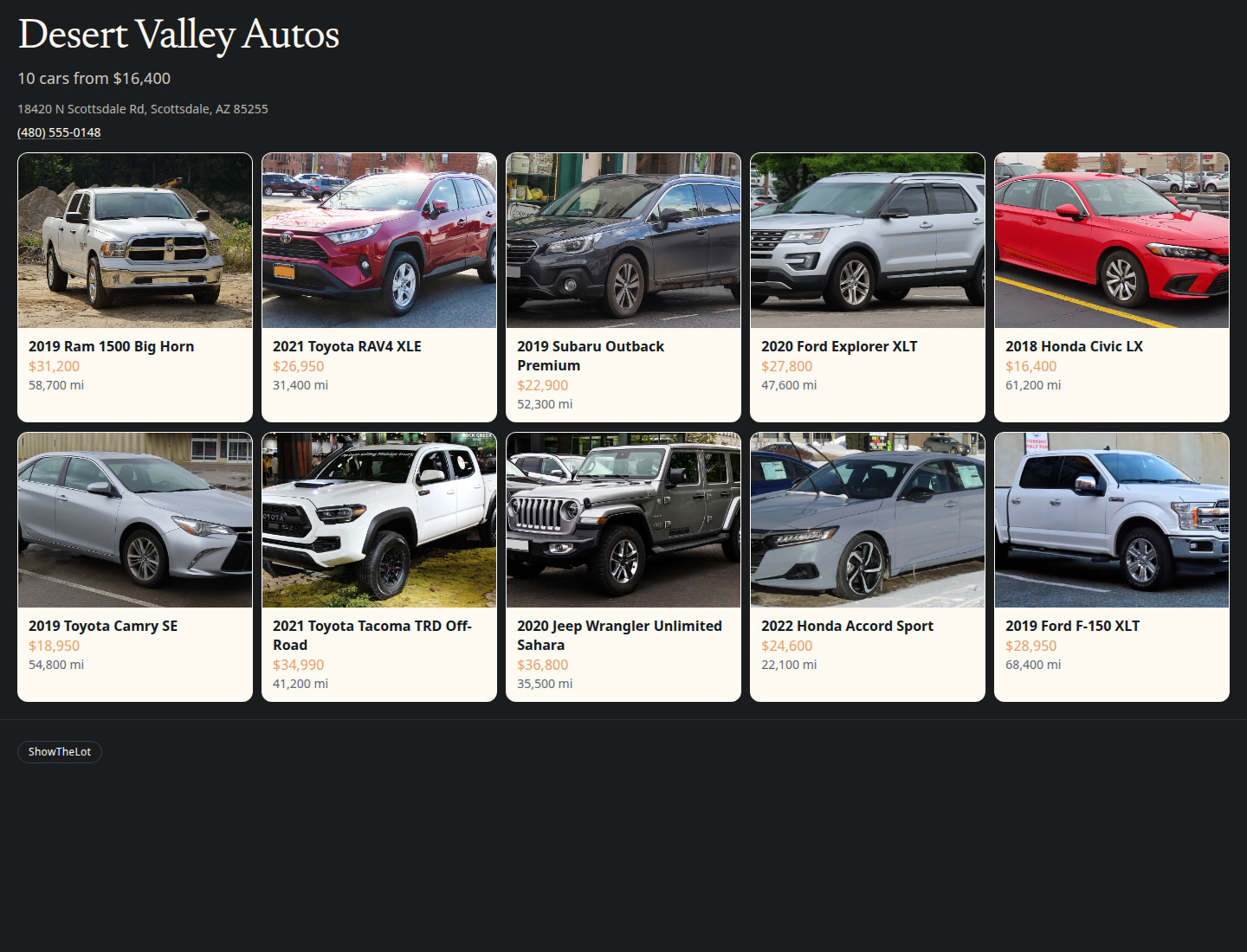 Desert Valley Autos lot page, with the cars and prices